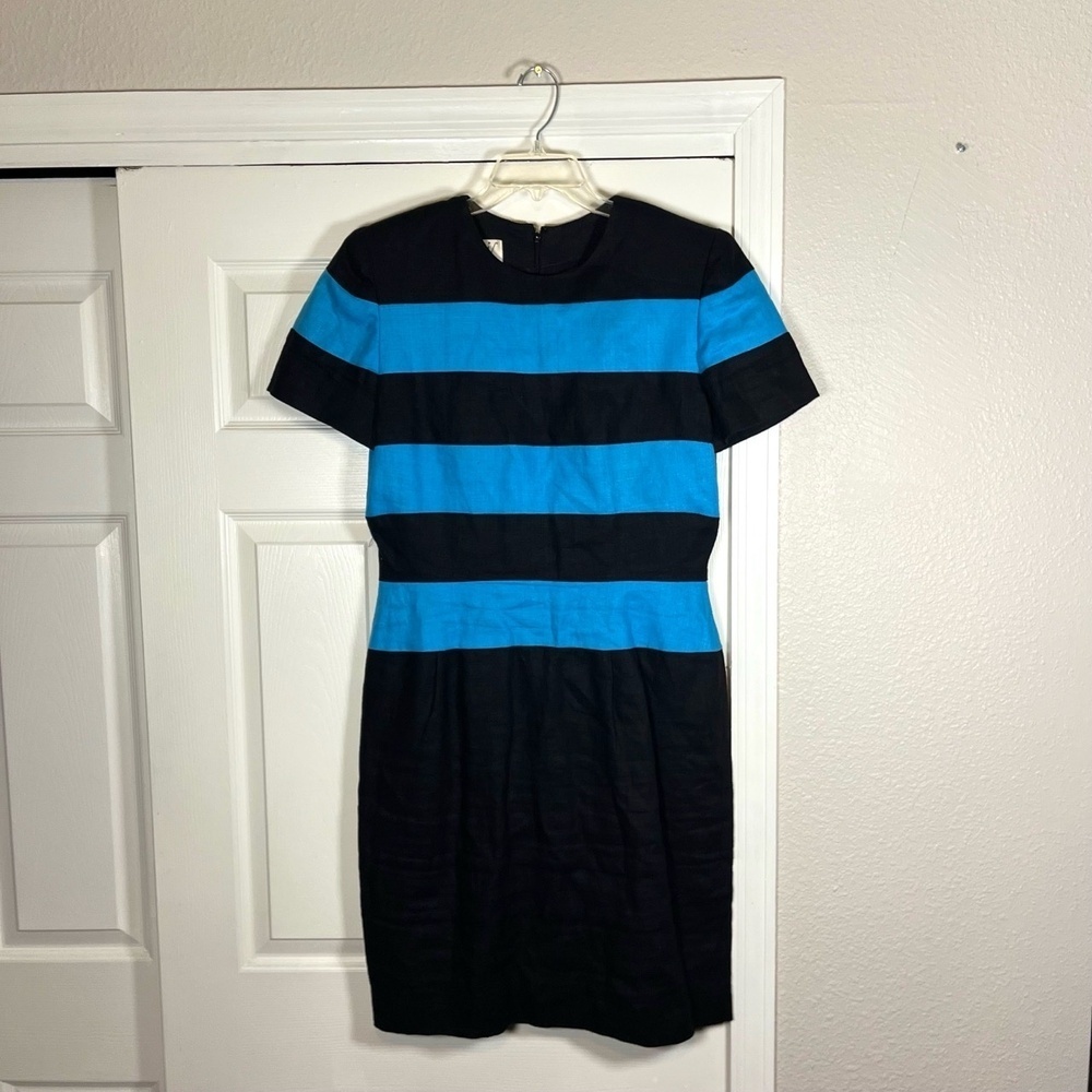 Arnold Scaasi Dress Vintage Womens 12 Striped 100% Linen Cocktail Evening Formal